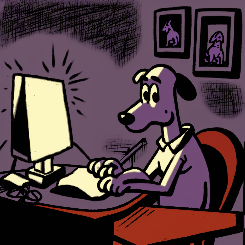 A_purple_dog_typing_like_man_to_use_a_computer_on_a_red_chair
